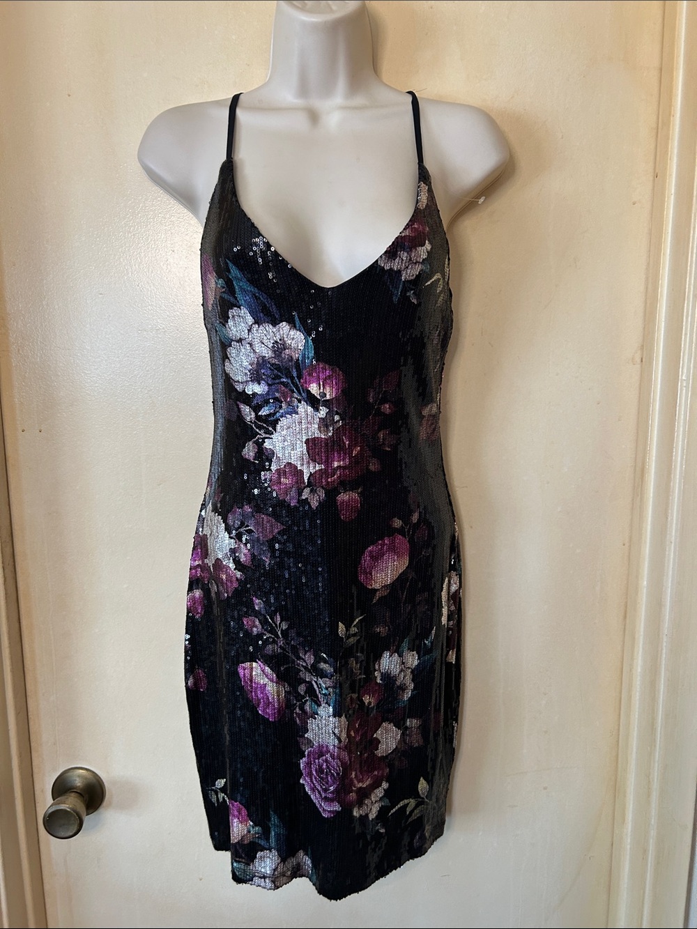 BCX Black Floral Sequin Slip Dress with Purple Accents size S